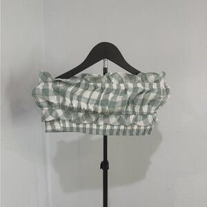 Smocked Gingham Off-Shoulder Crop Top - Sage Green and White